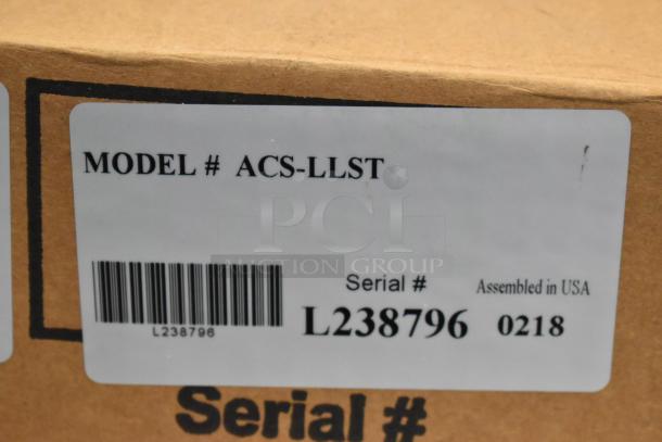 ACS-LLST Satellite Server label showing model, serial number L238796, and assembled in the USA marking.