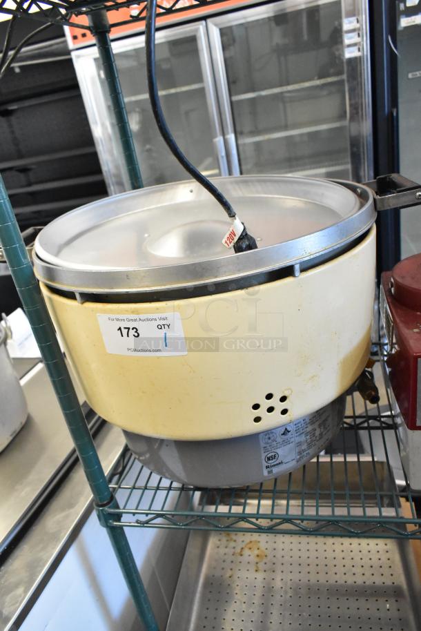 Rinnai RER-55AS-N metal countertop natural gas rice cooker, visible wear, NSF label, auction tag 173, model details below.