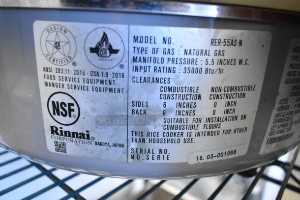Rinnai RER-55AS-N natural gas rice cooker; metal body, NSF certified, 35000 BTU/hr. For commercial use. Serial: 18.03-001068.