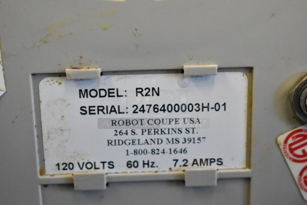 Robot Coupe R2N food processor base, metal, 120V, 1 phase. Visible model label with serial 2476400003H-01.