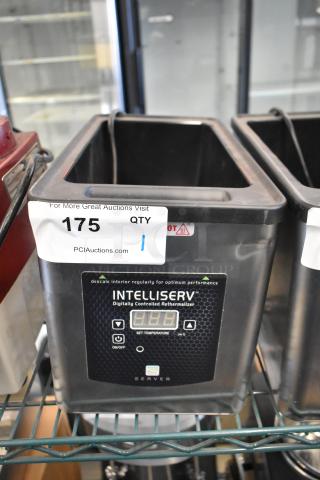 Server IS-1/3 Stainless Steel Countertop Intelliserv 6 Qt. Food Warmer, 120V, model visible, digital controls, auction label attached.
