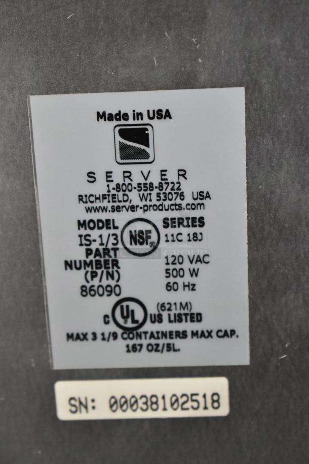 Server IS-1/3 Intelliserv 6 Qt. stainless steel countertop food warmer. 120V, 500W. Model and UL listed on label.