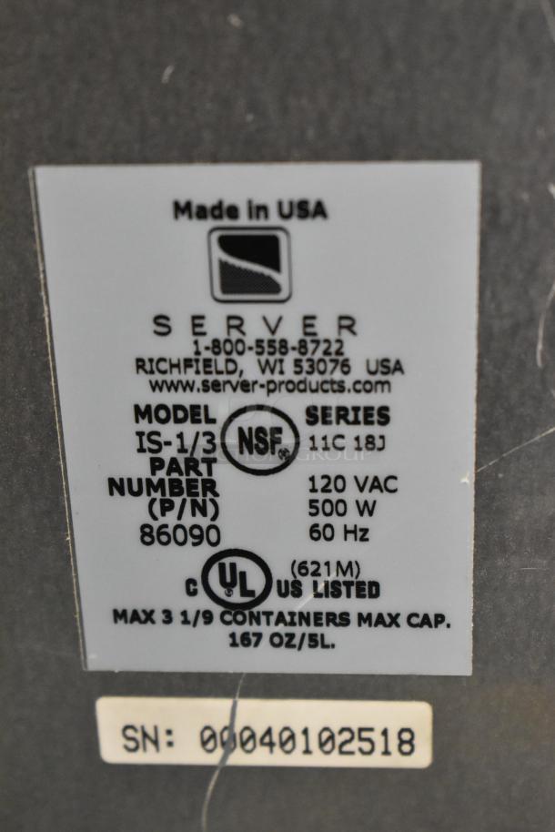 Stainless steel Server IS-1/3 6 Qt. countertop food warmer with model info and specs label, 120V, 1 phase, NSF certified.
