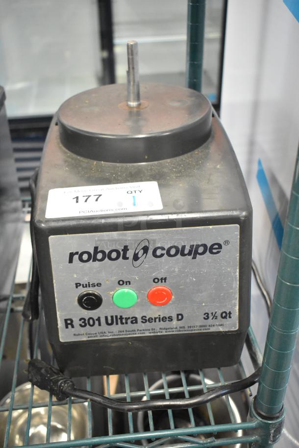 Robot Coupe R 301 U Series D metal food processor base, 120V, 1-phase. Shows signs of use; control buttons labeled.