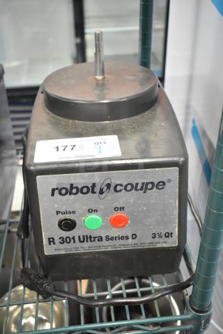 Robot Coupe R 301 U Series D metal food processor base, 120V, 1-phase. Shows signs of use; control buttons labeled.