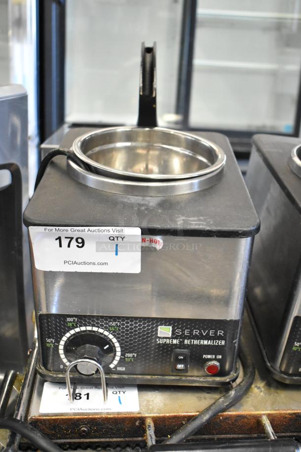 Server FSPW-SS Stainless Steel Countertop Supreme Rethermalizer, 120V, 1 Phase, features a temperature dial and power indicator.