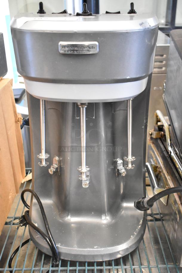 Hamilton Beach HMD400 metal commercial 3-head drink mixer, 120V, gray, countertop model, with visible power cord.