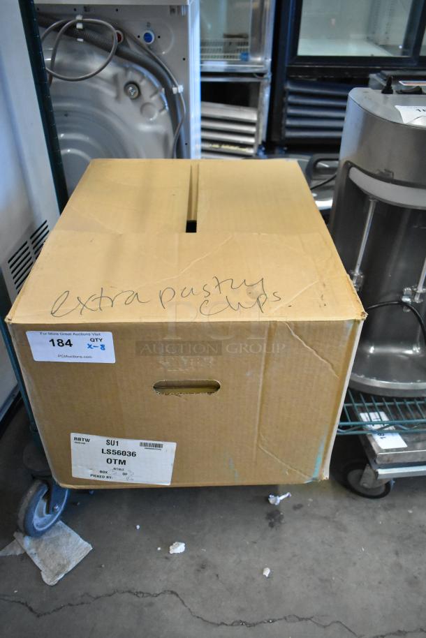 Cardboard box labeled "184 Qty x 8" containing new Acme 011120313 Food Case Pricer Clip Sign Holders. Box is marked "extra pastry clips." Box is slightly worn.