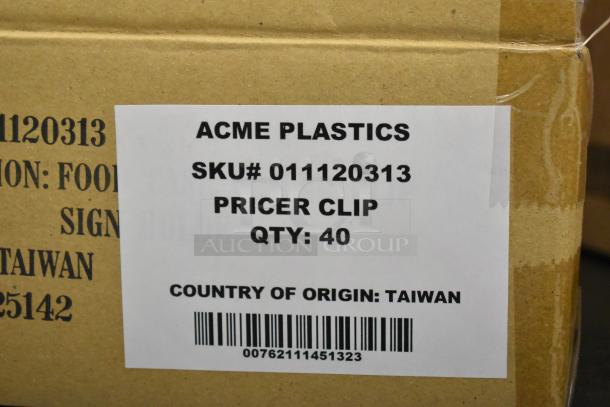 8 boxes of 40 Acme 011120313 food case pricer clip sign holders, new, labels show SKU, origin Taiwan.