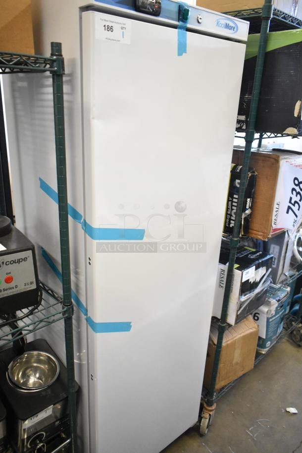 BRAND NEW KoolMore KM-RMD12WH metal single door reach-in cooler, 115 volts, 1 phase, with minor scuffs. Model tag present.