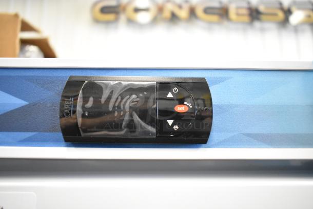 KoolMore KM-RMD12WH cooler control panel with set and mute buttons, showcasing brand and model details.