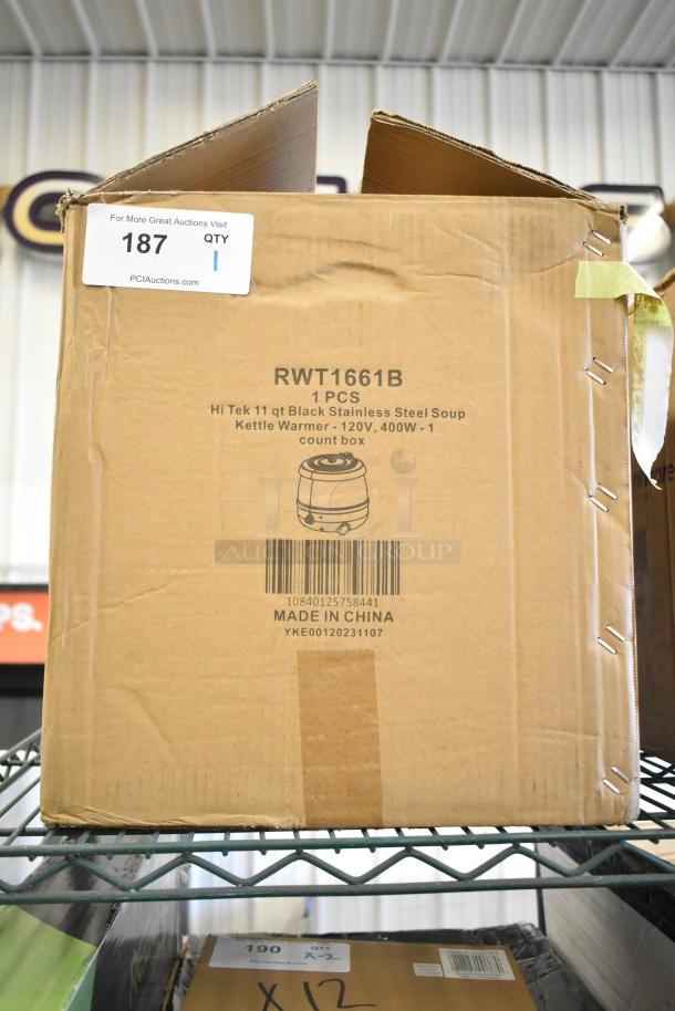 Brand new Hi Tek RWT1661B 11 qt metal soup kettle warmer, 120V, scratch and dent condition, shown in original packaging.