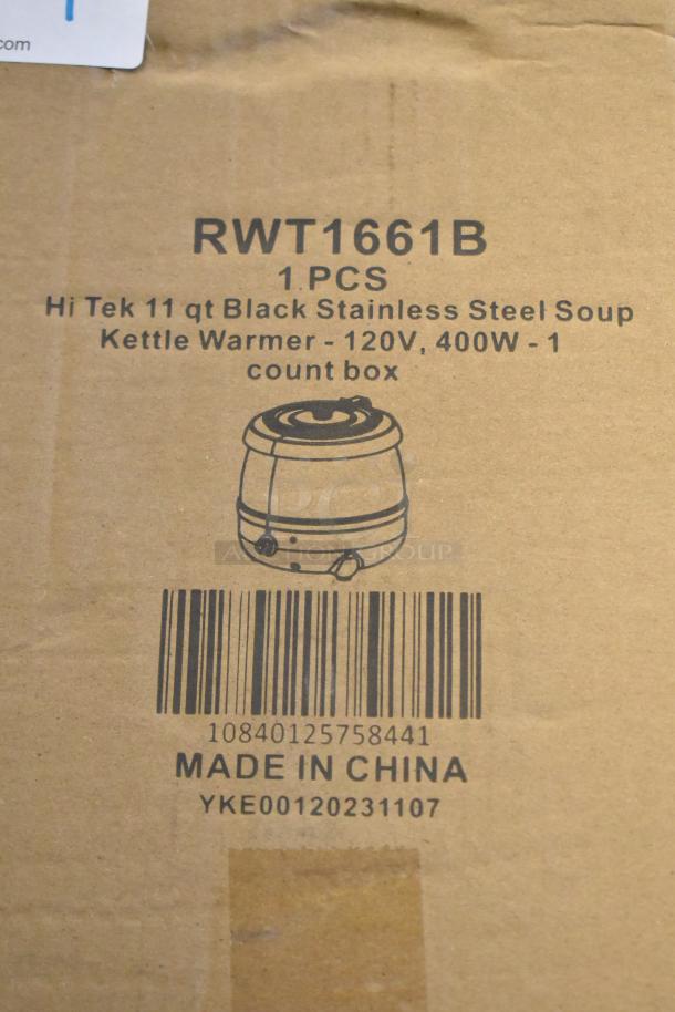 BRAND NEW Hi Tek RWT1661B 11 qt metal soup kettle warmer, 120V, 400W, black stainless steel, minor scratches, 1 phase.