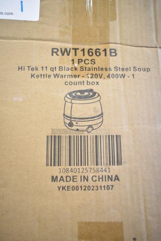 BRAND NEW Hi Tek RWT1661B 11 Qt Metal Soup Kettle Food Warmer, 120V. Marked as scratch and dent. Box shows product details.