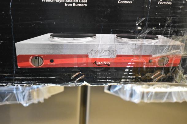 Brand new Avantco double burner hot plate, solid top, stainless steel, 240V, portable, slight packaging damage.