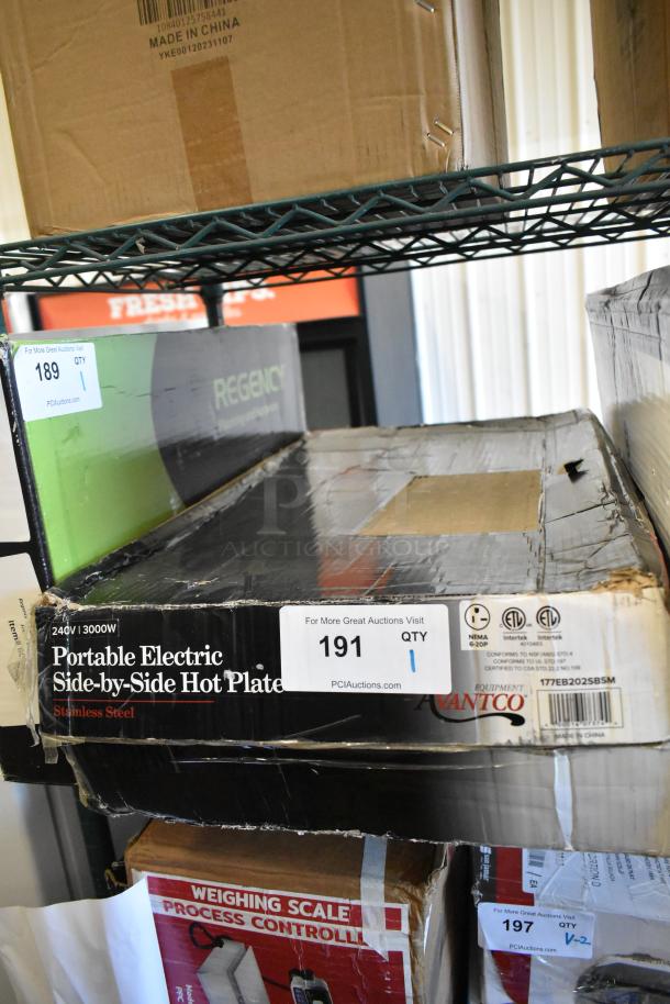 New Avantco 177EB202SBSM double burner, solid top, stainless steel hot plate. Box slightly damaged. 240V, 1 Phase.