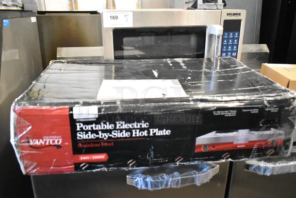 Brand new Avantco 177EB202SBSM double burner stainless steel hot plate in box, scratched dented package, 240V, 1-phase.