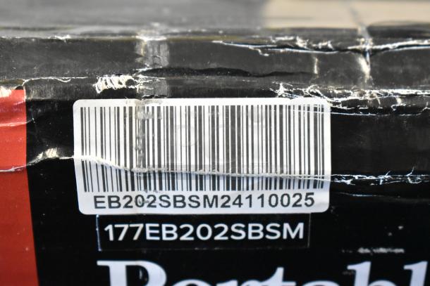 Barcode on Avantco 177EB202SBSM double burner box showing model number and scratch-dent condition.