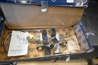 BRAND NEW SCRATCH AND DENT T&S B-1120-135X-WH4 deck-mounted faucet with gooseneck spout, wrist handles, and manual in box.
