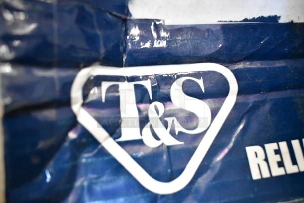 Alt Text: Close-up of T&S logo on blue packaging for a Hi Tek deck-mounted workboard faucet, model B-1120-135X-WH4.