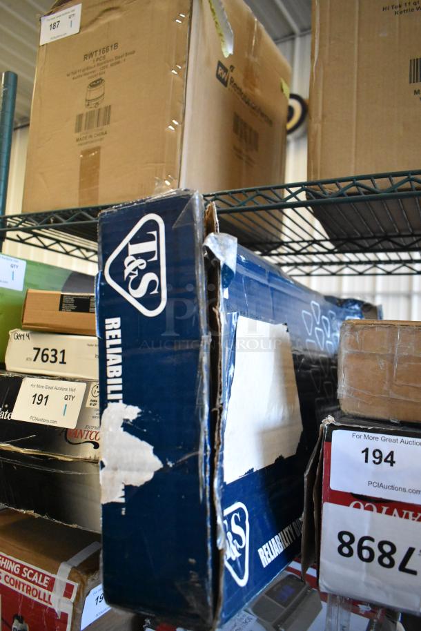 Damaged box containing T&S B-1120-135X-WH4 deck-mounted faucet, 8" centers, 8 13/16" gooseneck spout. Scratch and dent condition.