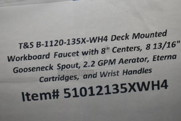 Brand new T&S B-1120-135X-WH4 deck mounted faucet, 8" centers, 8 13/16" gooseneck spout, 2.2 GPM aerator, Eterna cartridges, and wrist handles. Item# 51012135XWH4.