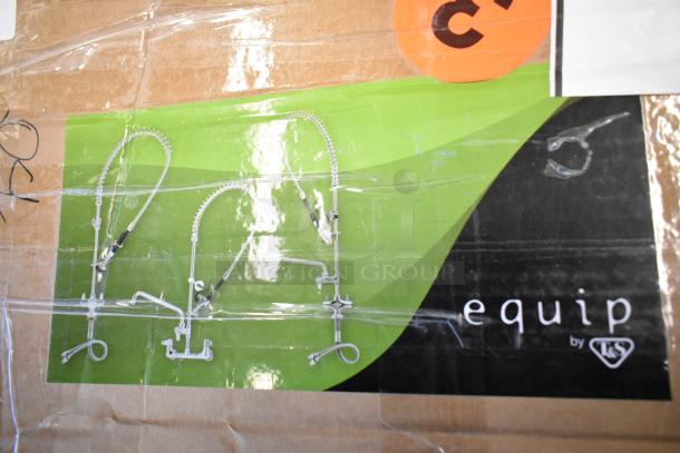 Box with image of a T&S faucet featuring a spray nozzle. Brand label: "equip by T&S". Brand new with scratch and dent noted.