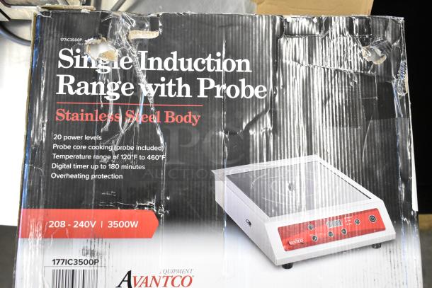 Brand new Avantco 177IC3500P countertop induction range with probe. Features 20 power levels, temp range 120°F-460°F, digital timer, overheating protection. Box has visible scratches and dents. 208-240V, 1 phase.