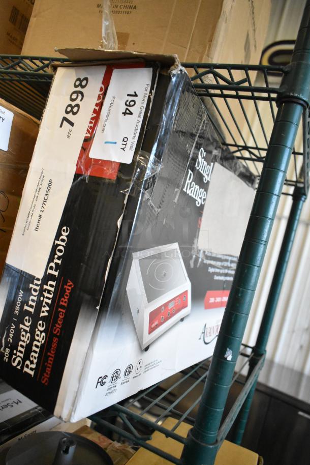 Brand new Avantco 177IC3500P induction range/cooker in box. Slight box damage. 208-240V, 1 phase, includes probe.