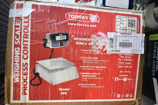 Brand new Tor Rey PPC-5/10 digital portion control scale, 10 lb. capacity, remote indicator, foot pedal, slightly dented packaging.