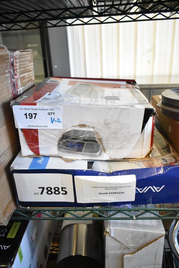 Two brand new, scratch and dent boxes: AvaTek RS150 150 lb. scale; San Jamar Escali SCDGM33 33 lb. kitchen scale.