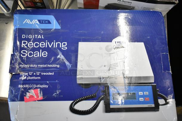 2 brand new scratch and dent items: AvaTek RS150 150 lb. Digital Receiving Scale with Remote Display, and San Jamar / Escali SCDGM33 33 lb. Digital Kitchen Scale. Includes heavy-duty metal housing and backlit LCD display visible on AvaTek packaging. 1-year limited warranty noted.