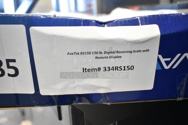 Box with AvaTek RS150 150 lb. digital receiving scale, remote display. Item #334RS150 label visible. New condition.