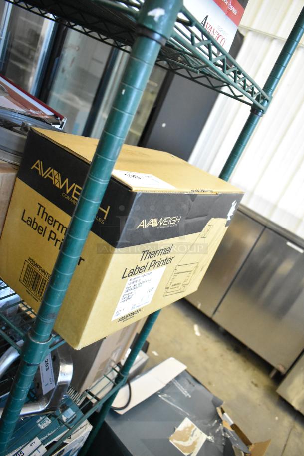 Brand new AvaWeigh OS-2130D Thermal Label Printer box, visible model tag, for price computing scales, scratch and dent condition.