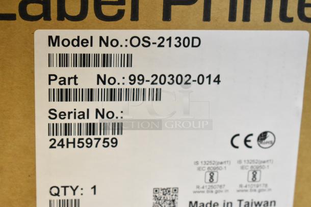 BRAND NEW SCRATCH AND DENT AvaWeigh OS-2130D Thermal Label Printer, features price computing, Model No. OS-2130D, Part No. 99-20302-014, Serial No. 24H59759, made in Taiwan.
