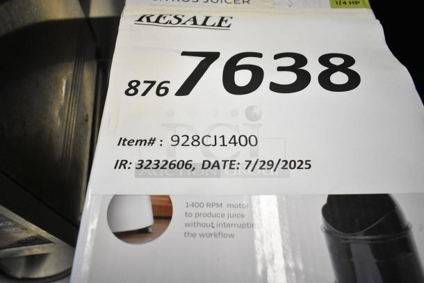 BRAND NEW AvaMix 928CJ1400 Electric Citrus Juicer. Stainless steel, 120V, 1 Phase. Slight scratches. Item #: 928CJ1400.