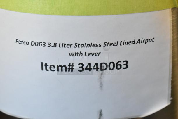 BRAND NEW SCRATCH AND DENT! Fetco D063 3.8L stainless steel airpot with lever, item #344D063.