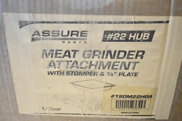 BRAND NEW Assure 190M22HGA Meat Grinder Attachment with Stomper, #22 Hub, 1/4" plate, box shows scratch and dent.
