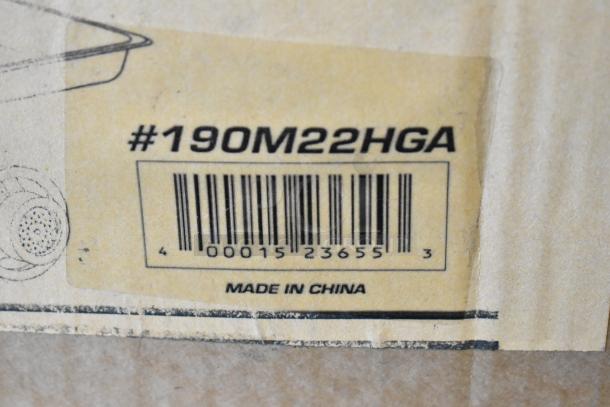 Barcode and label on Assure 190M22HGA Meat Grinder Attachment, "Made in China" text visible, intended for #22 Hub.