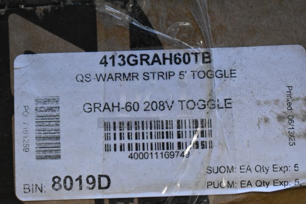 Label on Hatco GRAH-60 infrared food warmer box, showing model 413GRAH60TB, 208V, 1 Phase toggle controls.