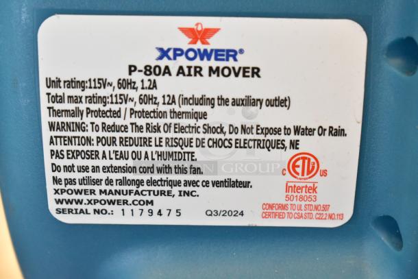 BRAND NEW SCRATCH AND DENT! Xpower P-80A Air Mover label, 115V, 1 phase, thermally protected, warning text, serial no. 1179475.