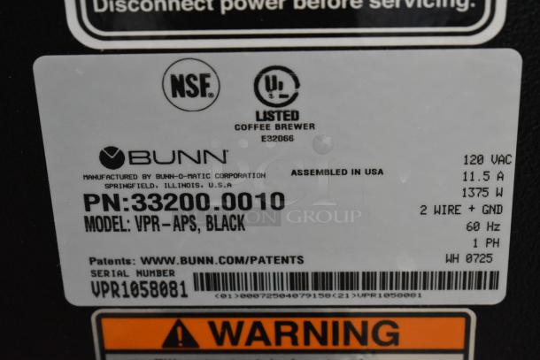 Label for Bunn VPR-APS coffee brewer showing model 33200.0010, 120 VAC, 11.5 A, 1375 W, made in USA, NSF certified.