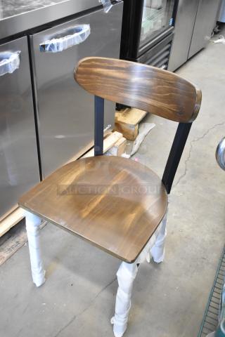 Lancaster dining chair with vintage wood seat and backrest, brand new, scratch and dent condition, wrapped legs.