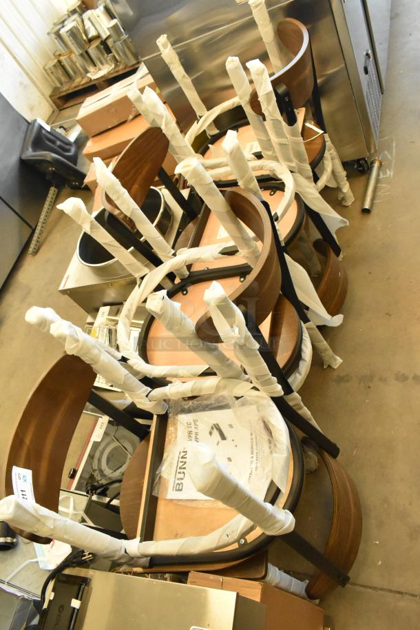 8 new Lancaster Table & Seating chairs, dining height, vintage wood seat and back. Some scratch and dent. Wrapped for protection.