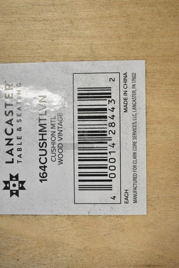 Lancaster label on wood, model 164CUSHMTLVN, "Cushion MTL Wood Vintage," made in China. Barcode visible.