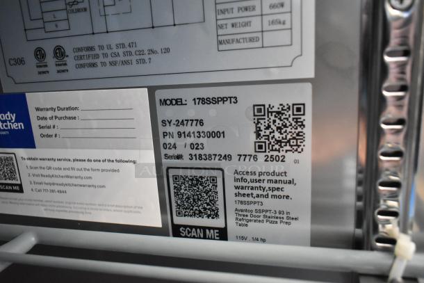 BRAND NEW Avantco 178SSPPT3 stainless steel commercial pizza prep table label. Model details, QR codes for product info.