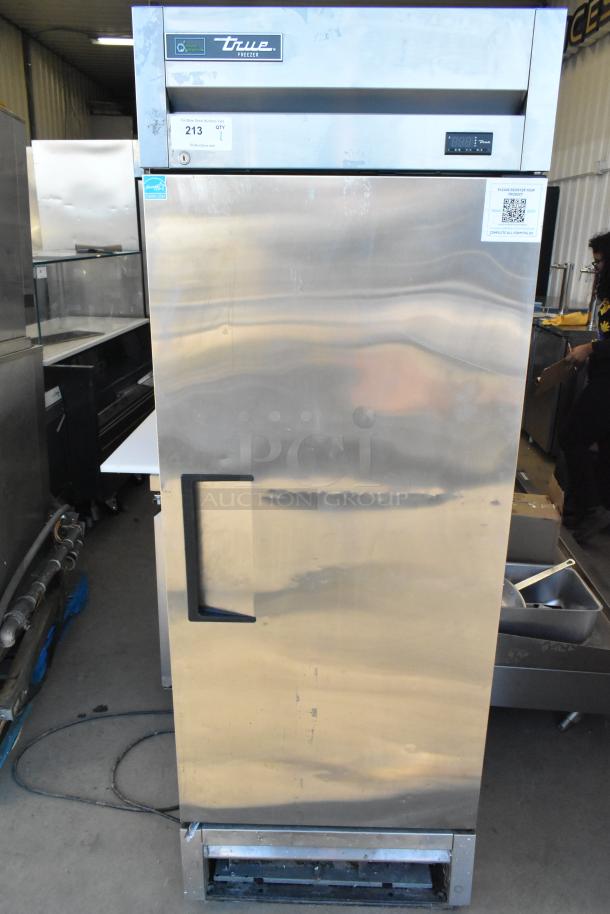 2022 True T-19F-HC stainless steel commercial freezer with poly coated racks. Single door. Labels indicate model and specifications.