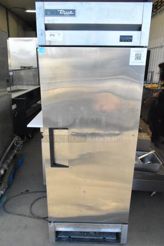 2022 True T-19F-HC stainless steel commercial freezer with poly coated racks. Single door. Labels indicate model and specifications.