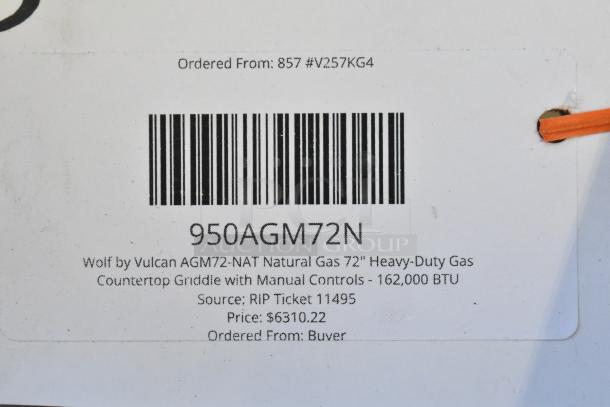 Barcode label for Wolf 950AGM72N stainless steel griddle, 72" natural gas, 162,000 BTU, manual controls. Price: $6310.22.