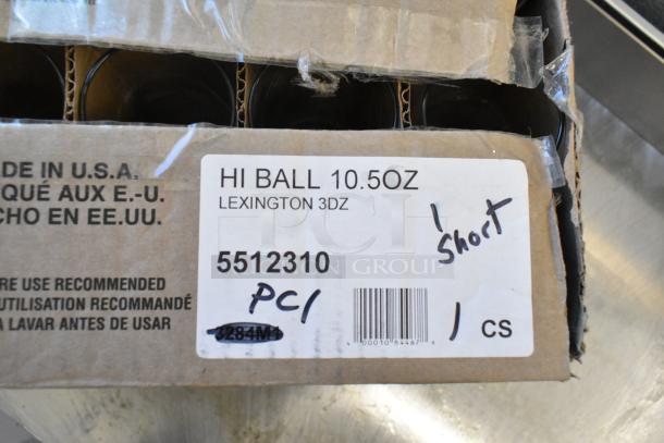 Box of 35 scratch and dent Libbey 5512310 2310 Lexington 10.5 oz highball glasses. Made in USA. Label reads "1 short."